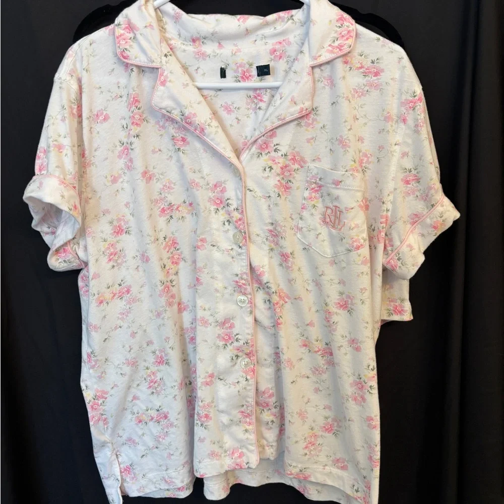 Lauren Ralph Lauren Ivory & Pink Floral Pajama Set Women’s XL Knit Button Up - Picture 1 of 13